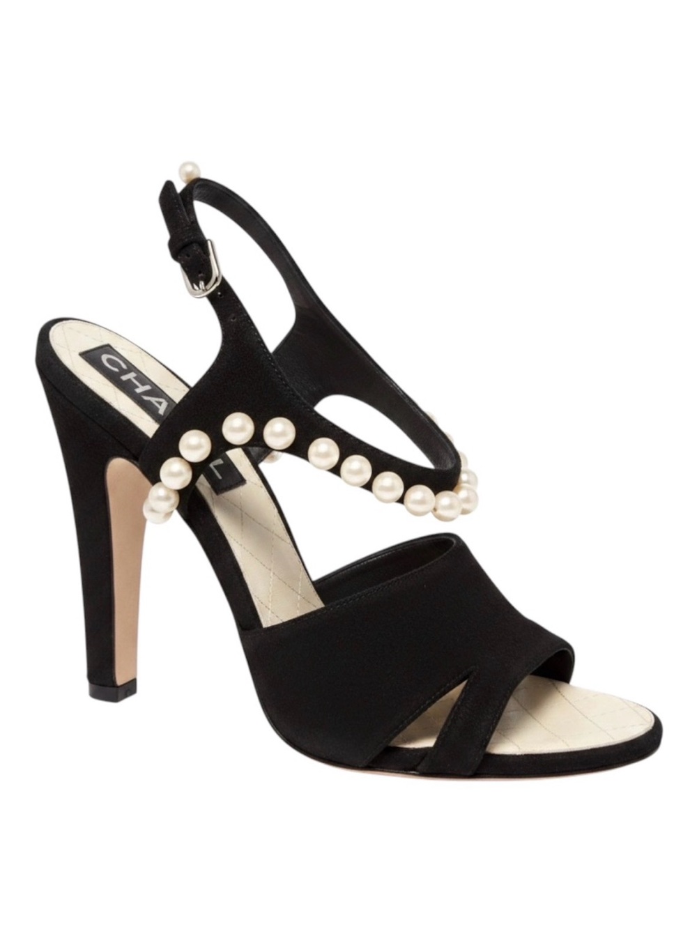CHANEL Black Suede Faux Pearl Slingback Heeled CC Runway Sandals